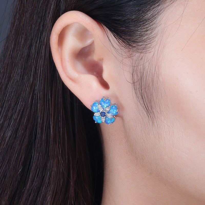 CiNily Blue Flower Opal Earrings Stud, Blue Topaz Zircon Rhodium Plated Women Hypoallergenic Jewelry Gemstone Stud Earrings 15 mm - Image 5